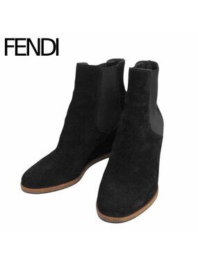 Fendi Side Gore Suede Wedge Heels Short Boots Shoes Black